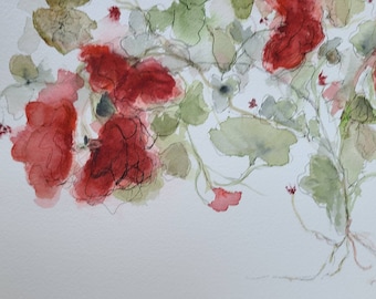 Original Dark Red Geraniums Watercolor Painting, Impressionist Art (10x7)