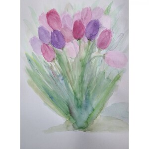 Delicate Pink and Purple Tulips Watercolor /Signed Art /Vertical Painting 10x14 Inch Floral Wall Art / Impressionist Original ~Not a print