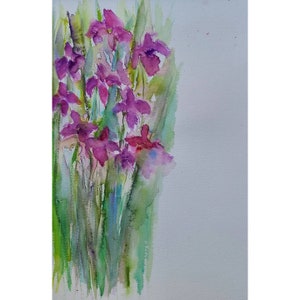 Gorgeous Dark Pink Purple Irises Watercolor /Signed Art /Vertical Painting 10x14 Inch Floral Wall Art / Impressionist Original ~Not a print
