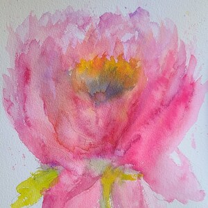 May include: A watercolor painting of a pink flower with a yellow and purple center. The flower is painted in a loose, impressionistic style.
