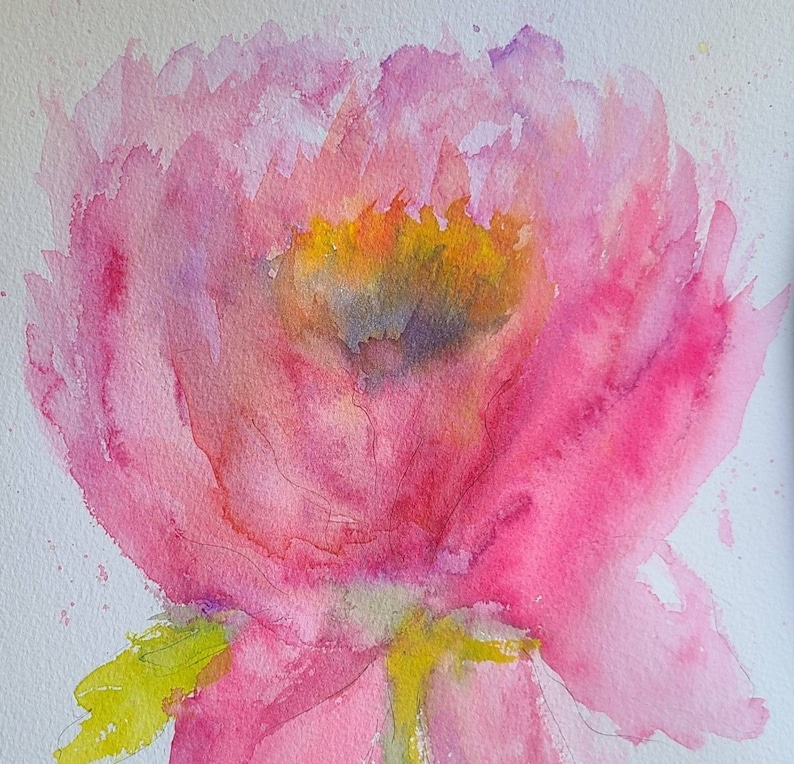 May include: A watercolor painting of a pink flower with a yellow and purple center. The flower is painted in a loose, impressionistic style.