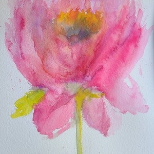May include: A watercolor painting of a pink flower with a yellow center. The flower is painted in a loose, abstract style, with soft edges and delicate details. The background is a light wash of pink and green.