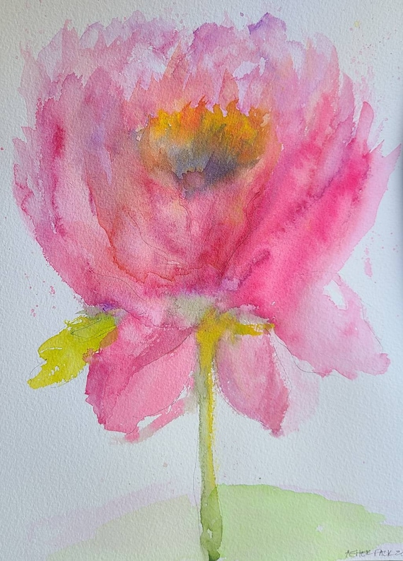 Beautiful Pink Peony Watercolor and ink/ Signed Original/ Pink with Purple hues /Original Watercolor & Ink  9"x12" Floral Wall ~ Not a print