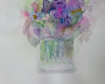 Purple Pink Abstract Mixed Flowers Original Watercolor Painting 11x8.5 Inch Floral Art /Signed Original Impressionist~ Not a Print free ship