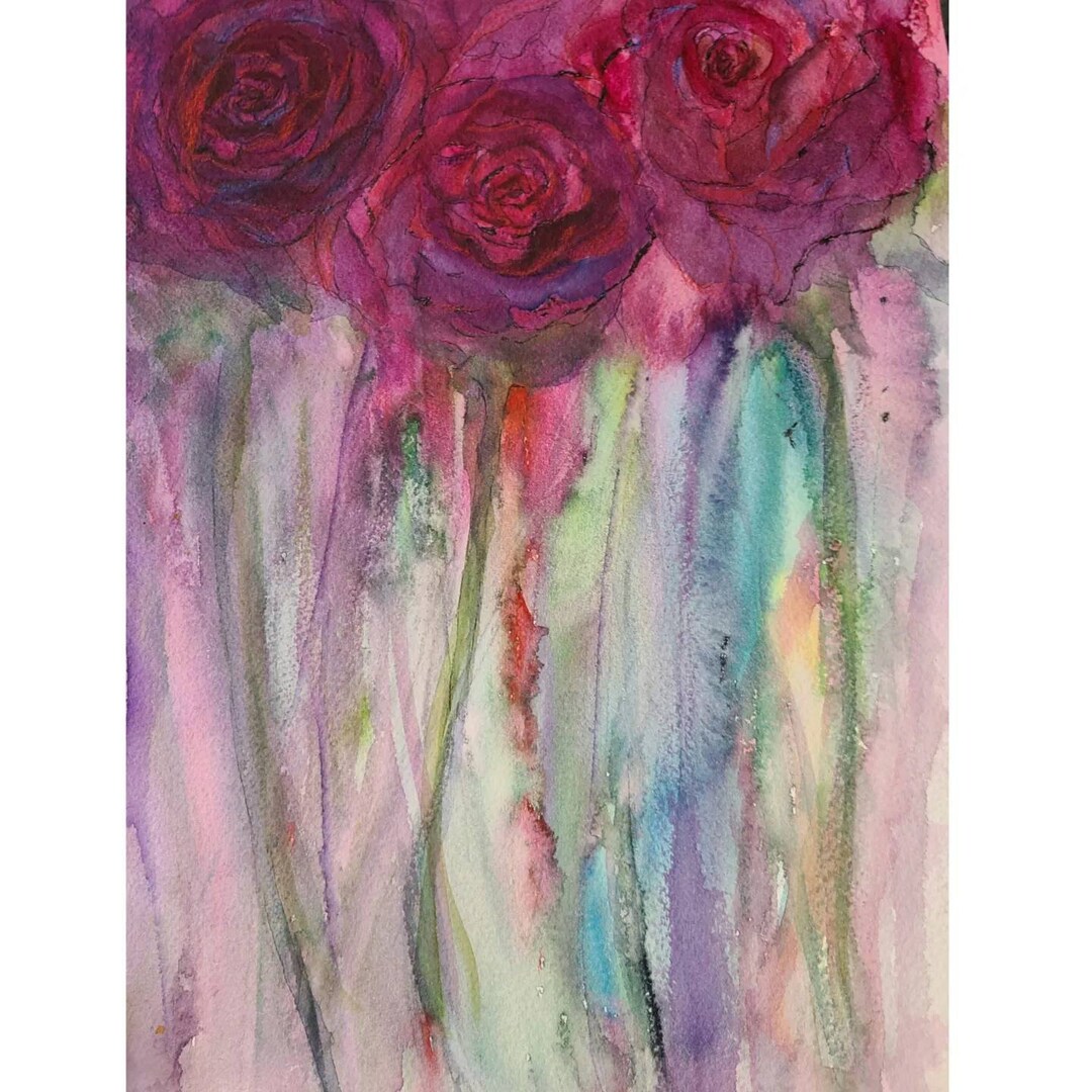 Red Roses Original Watercolor and Ink Painting 9x12 Inch/ Floral Wall ...