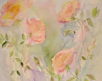 Original Watercolor Roses Painting, Vintage Floral Art, 12x9 inches