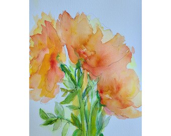 Sunlit Peonies Watercolor Painting, Signed Original Art (7x10)