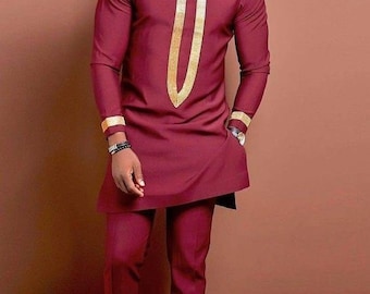 Maroon and Gold Men's Shirt and Pants African Clothing Kaftan African Fashion