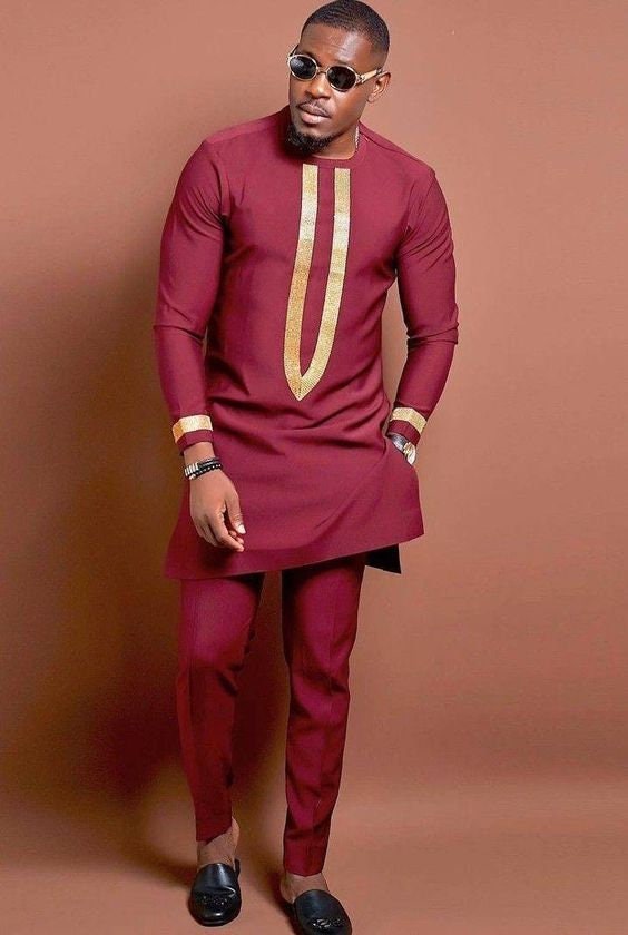 Camicia e pantaloni da uomo color marrone e oro, abbigliamento africano, caftano, moda africana