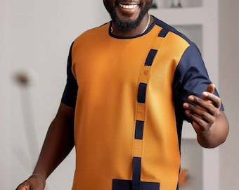 Light orange and Blue-Black Shirt African Clothing for Men African Wear Fashion