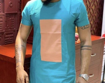 Sky-blue and Tuscan Short Sleeve Shirt and Pants Kaftan African Men Clothing African Wear