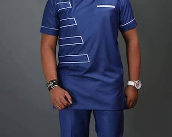Black-black and White Men's Short Sleeve Shirt and Pants Kaftan African Clothing