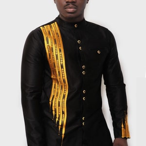 Black and Gold Men's Long Sleeve Shirt with Embroidered Strips and Pants African Clothing Men's Fashion