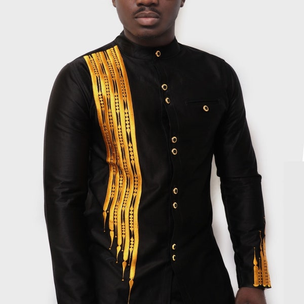 Chemise à manches longues pour hommes noir et or avec bandes brodées et pantalons Vêtements africains Mode homme