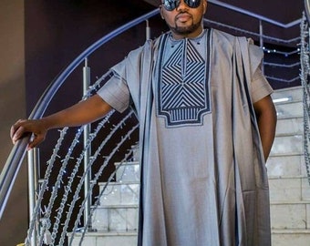 Grey and Blue Agbada Babariga 3 Pieces Men Groom Suit African Clothing for Men