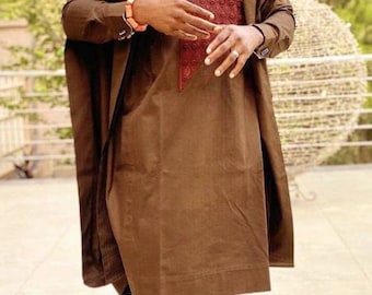 Brown and Burgundy Agbada Babariga 3 Pieces Men Groom Suit African Clothing Men