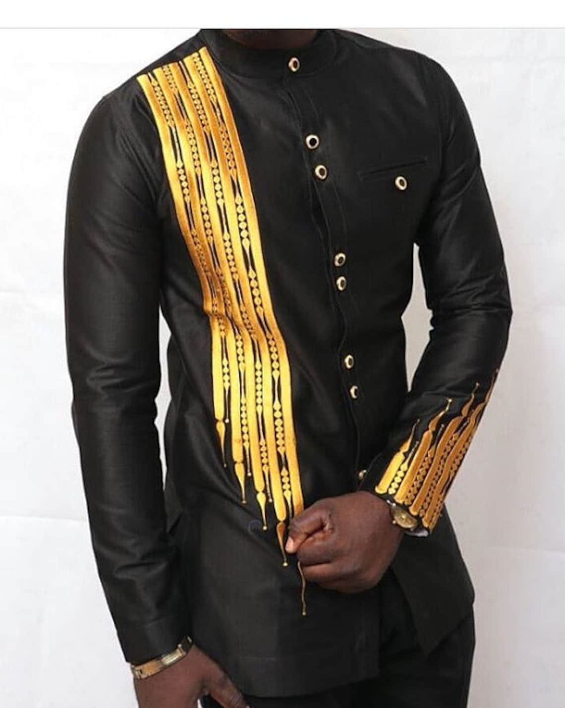 black dress shirt with gold accents Hisdern Men's Black Gold Splicing Dress Shirt For Office Wear S