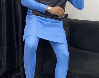 Sky blue and Black Shirt and Pants Kaftan African Men Clothing African Wear