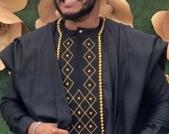 Black and Gold Agbada Babariga 3 Pieces Men Groom Suit African Clothing for Men