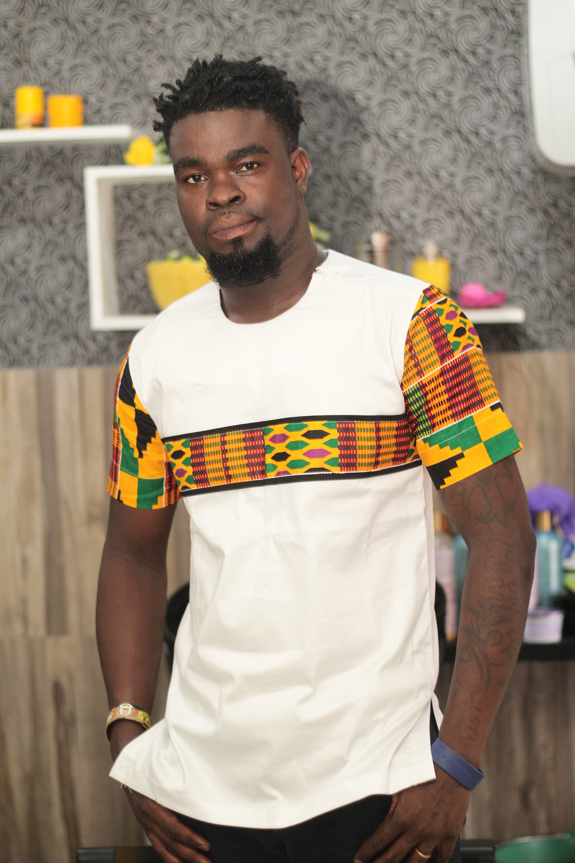 African Men's Kente and White Cotton Short Sleeve Shirt African