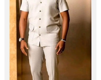 Gray Short Sleeve Shirt and Pants Kaftan African Men Clothing African Wear