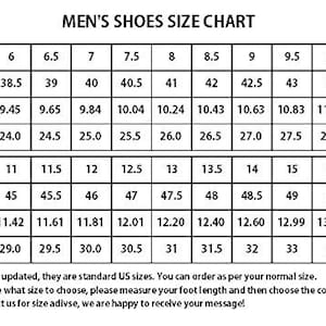 May include: A men's shoe size chart with US, EUR, foot length in inches and centimeters. The chart shows sizes from 6 to 16.