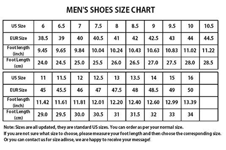 May include: A men's shoe size chart with US, EUR, foot length in inches and centimeters. The chart shows sizes from 6 to 16.