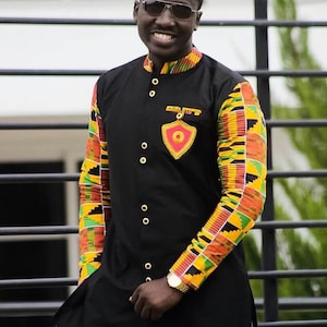 Kente & Black Cotton Men&#39;s Long Sleeve Shirt African Clothing Men&#39;s Wear African