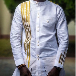 White and Gold Men s Long Sleeve Shirt with Embroidered Strips African Clothing Shirt Only