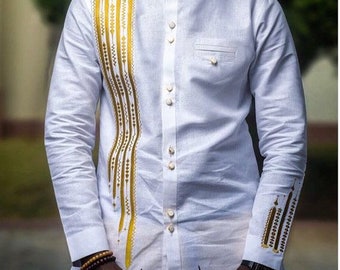 White and Gold Men's Long Sleeve Shirt with Embroidered Strips African Clothing Shirt Only