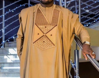 Gold and Brown Agbada Babariga 3 Pieces Men Groom Suit African Clothing for Men