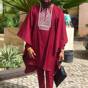 Burgundy African Groom Suit Agbada Babariga 3 Pcs Men's African Clothing Kaftan image 1