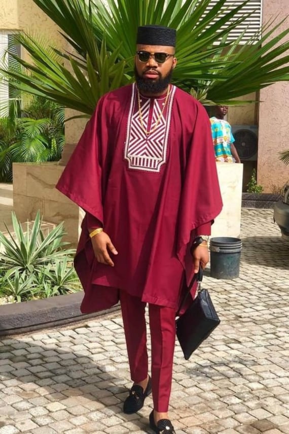 Burgundy African Groom Suit Agbada Babariga Pcs Men's African