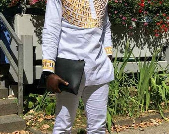 Men&#39;s Embroidered Gold and White Long Sleeve Shirt and Pants African Clothing Men Fashion Wear