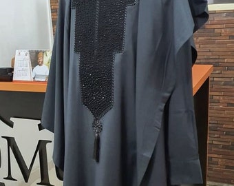 Gray and Black Agbada Babariga 3 Pieces Men Groom Suit African Clothing for Men