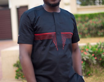 Camisa y pantalón de manga corta negros con rayas rojas para hombre. Ropa africana. Moda africana.