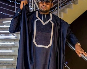Blue-black and Ivory Agbada Babariga 3 Pieces Men Groom Suit African Clothing for Men