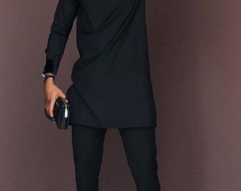 All Black Men's Short Sleeve Shirt and Pants Men African Clothing Fashion Kaftan