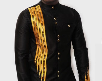 Black and Gold Men&#39;s Long Sleeve Shirt with Embroidered Strips African Clothing