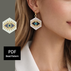 May include: Hexagon-shaped beaded earrings with a gold hoop. The earrings feature a white background with a blue eye design in the center, surrounded by gold and white beads. The image also includes a PDF bead pattern graphic.
