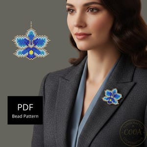 May include: A blue beaded flower brooch with yellow accents, worn on a gray blazer. The image also shows a separate beaded flower and the text "PDF Bead Pattern". The brooch is a handcrafted item.