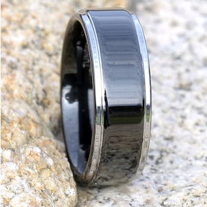 8mm Black Tungsten Ring: Silver Edges, Comfort Fit