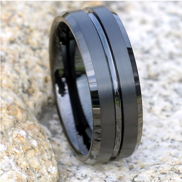 Men's Tungsten Wedding Band | Black Tungsten Ring | 8mm Black Tungsten Ring | Anniversary Ring | Black Wedding Band | Brush