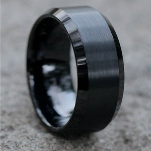 Black Tungsten Ring | Black Tungsten Wedding Band | Brush Tungsten Band | Tungsten Carbide Ring | Beveled Tungsten Ring | Comfort Fit