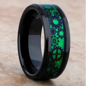 Black Tungsten Gear Ring: Green Carbon Fiber Inlay, 8mm Wedding Band