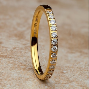 2mm Yellow Gold Titanium Wedding Ring: CZ Eternity Band