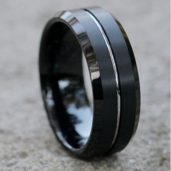 Black Tungsten Wedding Band, Tungsten Carbide Ring, Anniversary Ring, Men's Black Tungsten Ring, 8mm Tungsten Band, Silver Groove, Black