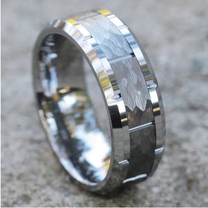 Tungsten Wedding Band | Silver Tungsten Wedding Ring | Hammered Tungsten | Men&#39;s Tungsten Wedding Band | Brush Ring | Beveled Ring
