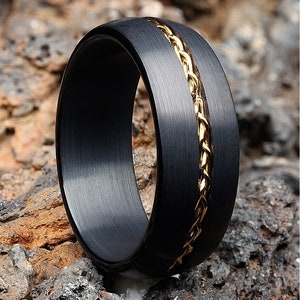 Black Wedding Ring,Yellow Gold Tungsten Ring,Tungsten Carbide Ring,Engagement Ring,Matte Finished Ring,18k Yellow Gold,Braid Ring