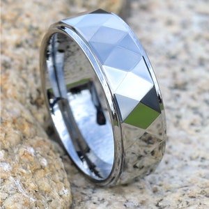 Silver Tungsten Ring | Tungsten Wedding Band | Facet Surface | Tungsten Carbide | Anniversary Ring | Engagement Band | Shiny Ring